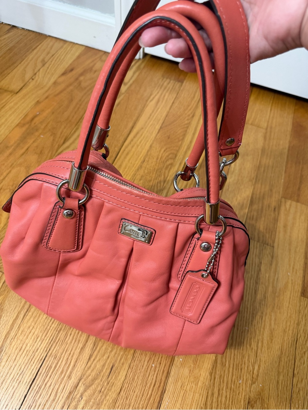 Coach Kristin Leather Pleated Satchel Bag  Geranium Coral Handbag F15339